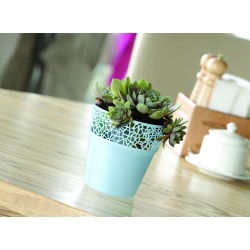 Rund blomsterpotte med blonder - 12 cm - Træ - Isgrå - 
