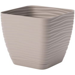 "Sahara petit" vierkante pot met schotel - 11 cm - grijs-beige (taupe) - 