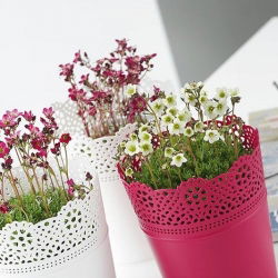Rund blomkruka med spets - 18 cm - Spets - Vit - 