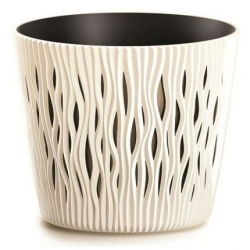 Pot tanaman bundar "Sandy Round" dengan sisipan - 19 cm - putih krem - 