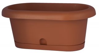 "Lotos" balcony box with a saucer and a metal railing-mounted holder - 40 cm - terracotta-coloured