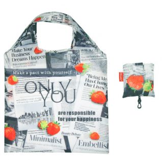 Geantă pliabilă - 42 x 60 cm - grafică cu ziare și căpșuni - 