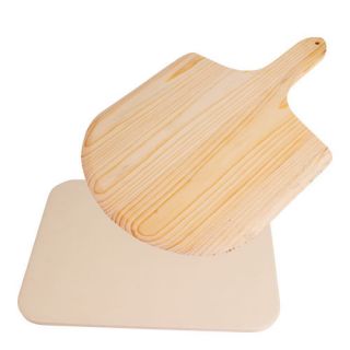 Rektangulär pizza bakning keramisk sten med en trä pizzaskal - 38 x 30,5 cm - 