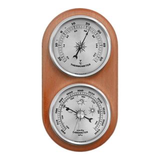 Brown hanging weather station with silver dials - barometer and thermometer