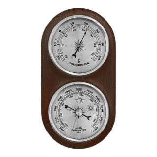 Donkerbruin hangend weerstation met zilveren wijzerplaten - barometer en thermometer - 