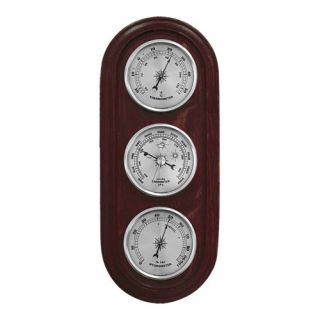 Stasiun cuaca gantung berwarna coklat gelap dengan nomor perak - barometer, hygrometer, dan termometer - 