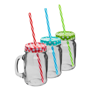 Cană limonadă de 500 ml cu mâner, capac și o paie - 
