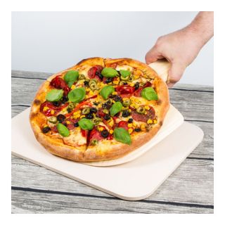 Rektangulär pizza bakning keramisk sten med en trä pizzaskal - 38 x 30,5 cm - 