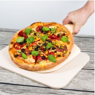 Rektangulär pizza bakning keramisk sten med en trä pizzaskal - 38 x 30,5 cm - 
