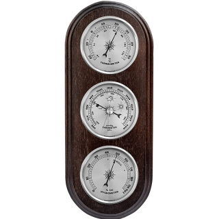 Brown hanging weather station with silver dials - barometer, hygrometer and thermometer