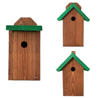 Conjunto de tres casitas para pájaros - marrón con techos verdes - 