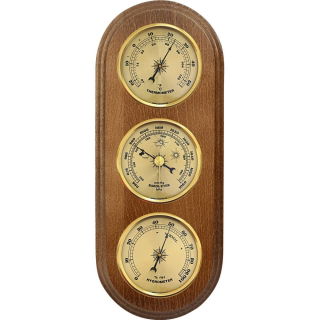 Hanging weather station - barometer, hygrometer and thermometer - walnut wood with golden dials