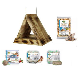 Fugleforingssett - trekantet fuglemater, fuglebord - forkullet ved + fôr til meiser og andre fugler - 