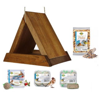 Set d'alimentation pour oiseaux - mangeoire triangulaire, table pour oiseaux - marron + fourrage pour mésanges et autres oiseaux - 