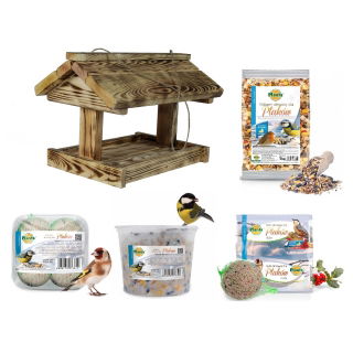 Kit de alimentação de pássaros - Comedouro grande para pássaros, mesa para pássaros - madeira carbonizada + forragem para chapins e outras aves - 