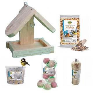 Bird feeding kit - Wall-mounted bird feeder, bird table - raw wood + FODDER SELECTION - 4 various types