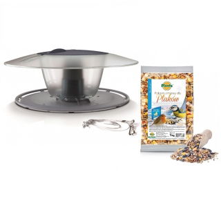 Kit d'alimentation pour oiseaux - une mangeoire à oiseaux montée sur poteau, table à oiseaux - Birdyfeed Round - gris pierre + fourrage sec - GRAND PACKAGE - 