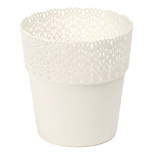 Cache-pot en filet "Bella" avec une finition en dentelle - 17 cm - blanc crème - 