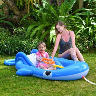 Parque acuático hinchable con tobogán - Ballena azul - 210 x 130 x 35 cm - 