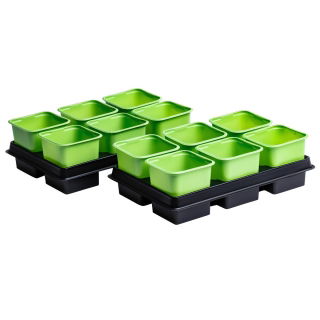 Groene vierkante kwekerijpot van 8 x 8 cm - 12 stuks + twee dienbladen - 
