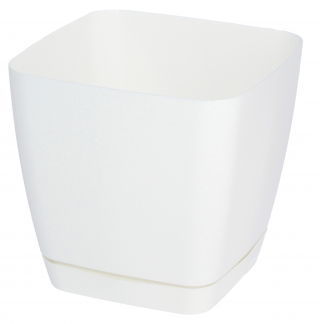 Vaso quadrato "Toscana" con piattino - 15 cm - bianco - 