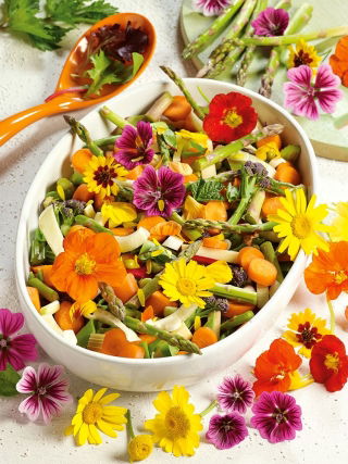 Selección de flores y hierbas comestibles - Colorido y vibrante, ¡perfecto para tus platos! - Semillas frescas