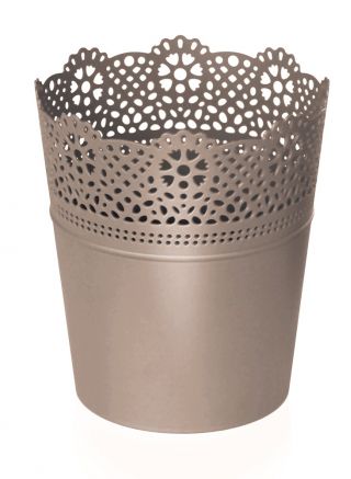 Ronde bloempot met kant - 16 cm - Kant - Mocca - 